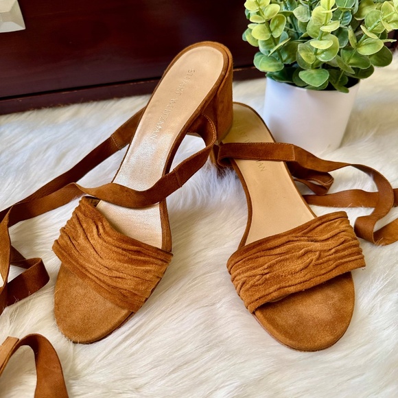 Stuart Weitzman Ankle Wrap Swifty Heels Camel Suede Sandals | Tan Brown Size 10 - Picture 4 of 15